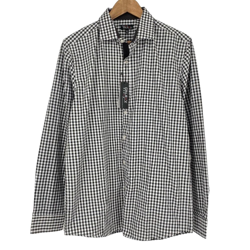 GALAXY BY HARVIC NWT Men's Plaid Long Sleeve Button Shirt Black White Medium